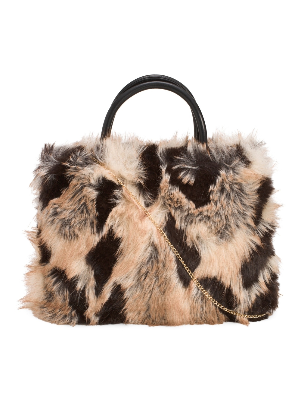 Faux Fur Tote Bag with Gold Chain - Brown Multi